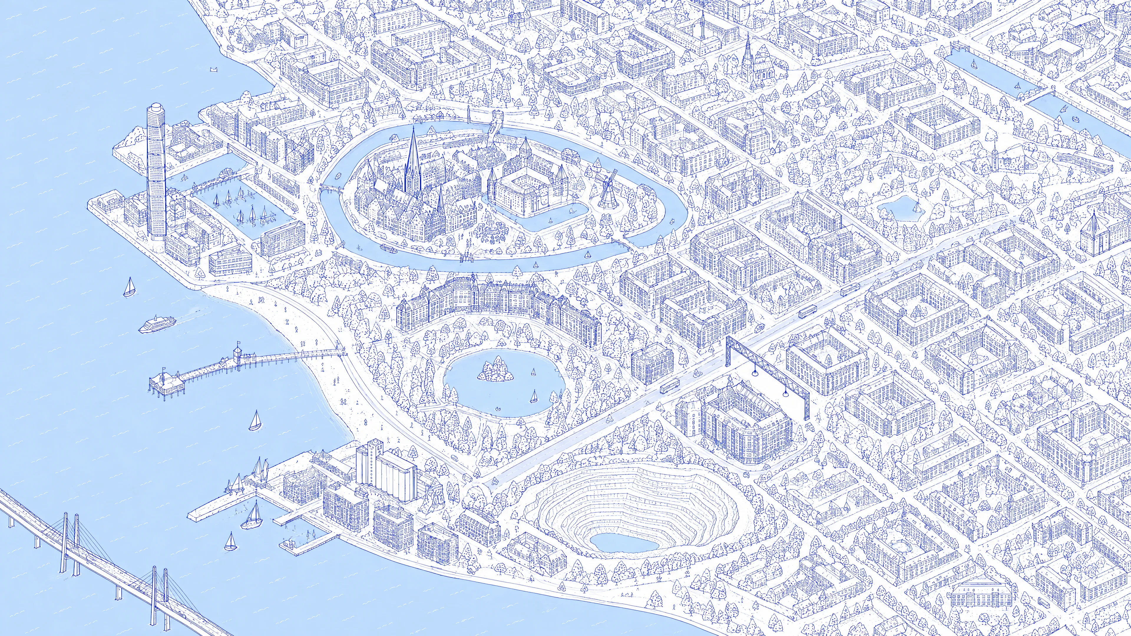 Illustrated map of Malmö seen from above, from Västra Hamnen to Limhamn